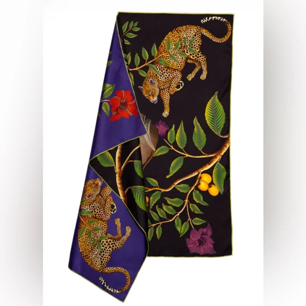 African Design Large, Purple & black silk scarf with elephant, leopards flowers